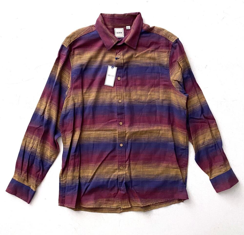 Rowm Shirt Tan & Blue Stripe 100% Cotton Button Up Nwt Long Sleeved Shirt